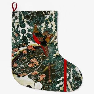 Meia De Natal Grande Faisão na neve, pinheiro, rosas, floral japonês