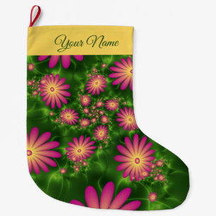 Meia De Natal Grande Fantasia Verde Rosa Flores Nome Fractal Abstrato