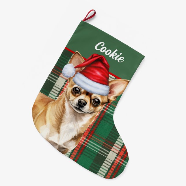Meia De Natal Grande Fawn Chihuahua Dog Holiday Xadrez Personalizada (Frente (Pendurada))