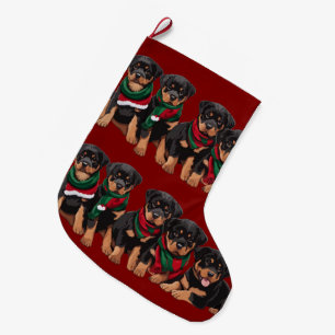 Meia De Natal Grande Feliz Chrismutts Rottweiler Puppies Vestindo Scarf