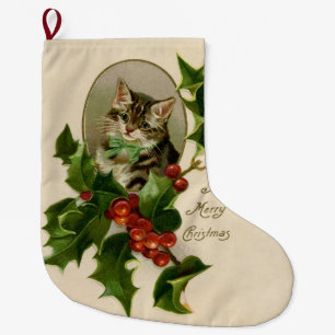 Meia De Natal Grande Feliz de Natal Holly Kitten Arte Antiquada