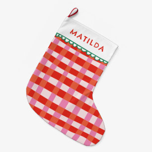 Meia De Natal Grande Feliz e nome personalizado Gingham Colorido Brilha