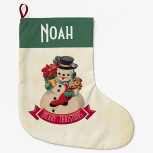 Meia De Natal Grande Feliz Natal Boneco de Neve Vintage