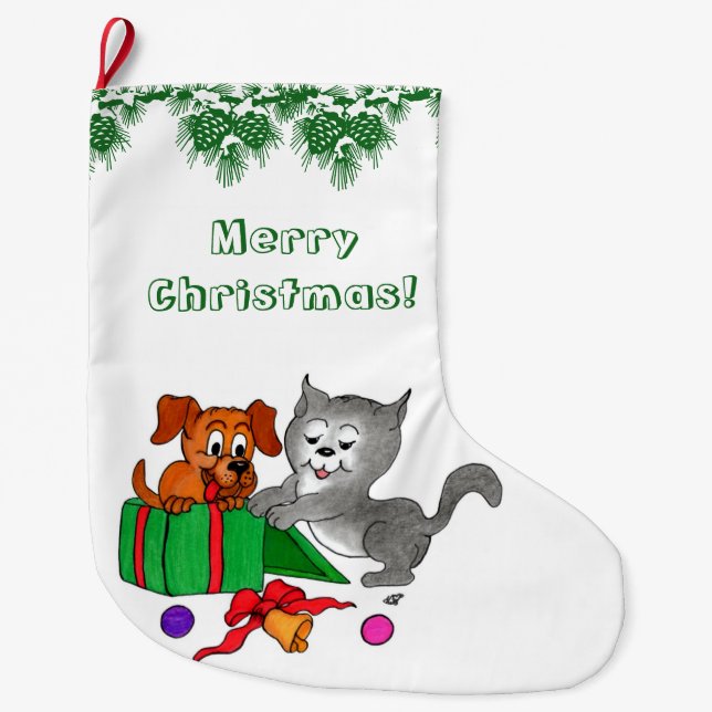 Meia De Natal Grande Feliz Natal com Gato e Cão (Frente)