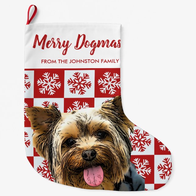 Meia De Natal Grande Feliz Natal Dogmas Yorkie Cão Vermelho Festivo (Frente)