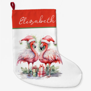 Meia De Natal Grande Feliz Natal Flamingos Rosa