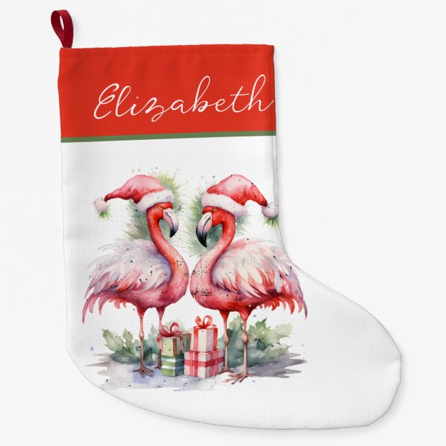 Meia De Natal Grande Feliz Natal Flamingos Rosa (Frente)