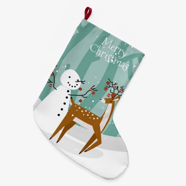 Meia De Natal Grande Feliz Natal Snowman e Reindeer (Frente (Pendurada))