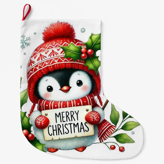Meia De Natal Grande Feliz Pinguim de Natal (Frente)