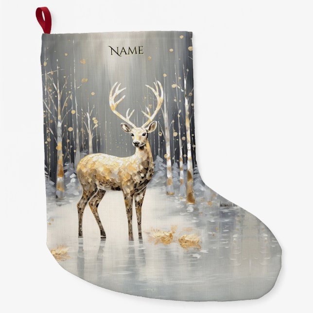 Meia De Natal Grande Feriado de Natal Dourado para Reindeer (Frente)