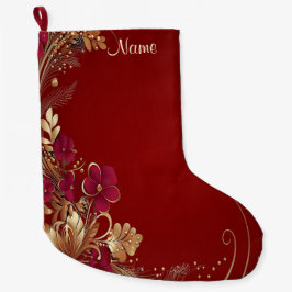 Meia De Natal Grande Feriado Floral Dourado Vermelho