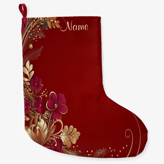 Meia De Natal Grande Feriado Floral Dourado Vermelho (Frente)