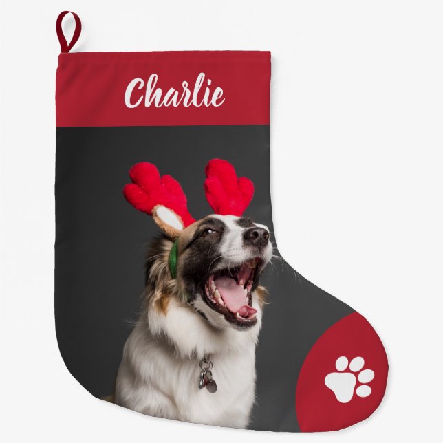Meia De Natal Grande Feriado Personalizado de Foto de Cão de Pet (Frente)