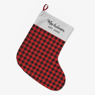 Meia De Natal Grande Feriado Personalizado Gingham Black Red Rustic