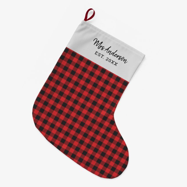 Meia De Natal Grande Feriado Personalizado Gingham Black Red Rustic (Frente (Pendurada))