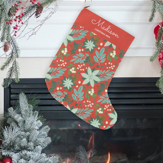 Meia De Natal Grande Feriado Vermelho Floral (Floral Red Bold Holiday Large Christmas Stocking)
