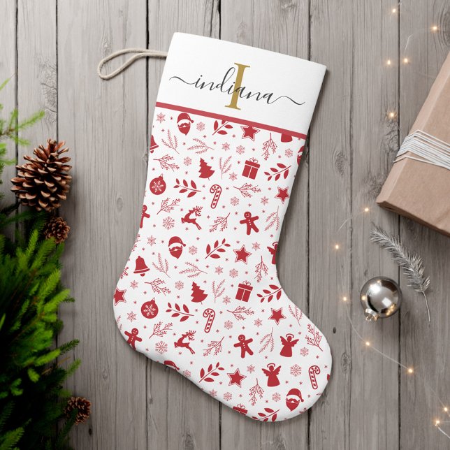 Meia De Natal Grande Feriados Festivos do Monograma Script (Christmas Elements Monogram Pattern Stocking)