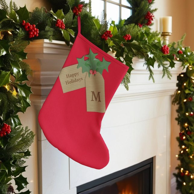 Meia De Natal Grande Festas Felizes Festivas Holly Sprig Red Monogramas (Happy Holidays! Just add your initial to this festive red Christmas Stocking)