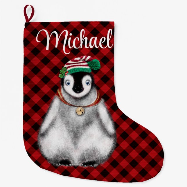 Meia De Natal Grande Festas festivas bonitas xadrez vermelha pinguim (Frente)