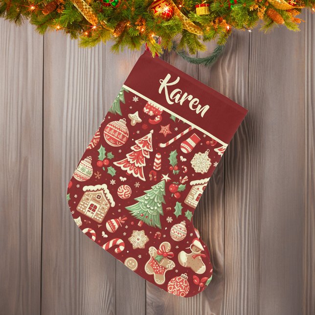 Meia De Natal Grande Festivo Personalizado Borgonha de Natal (Festive Personalized Christmas Burgundy Large Christmas Stocking)