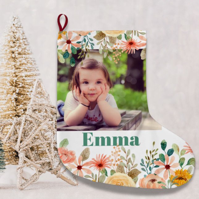 Meia De Natal Grande Filha Personalizada Floral Filho Foto do neto (Floral Personalized Daughter Son Grandchild Photo Large Christmas Stocking)