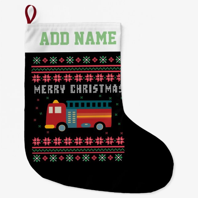Meia De Natal Grande Fire Truck Ugly Christmas Sweater (Frente)