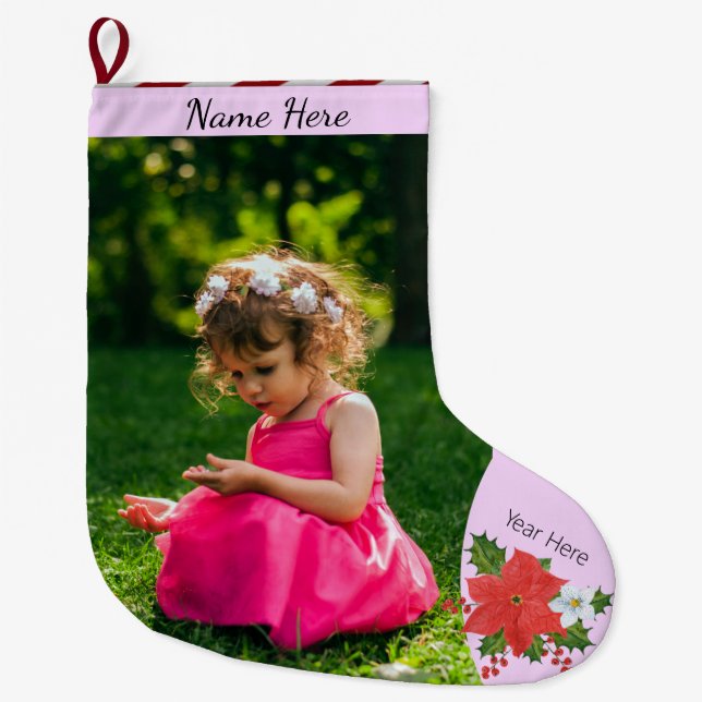 Meia De Natal Grande Fita Floral Pic Personalizada/Poinsettia de Texto  (Frente)