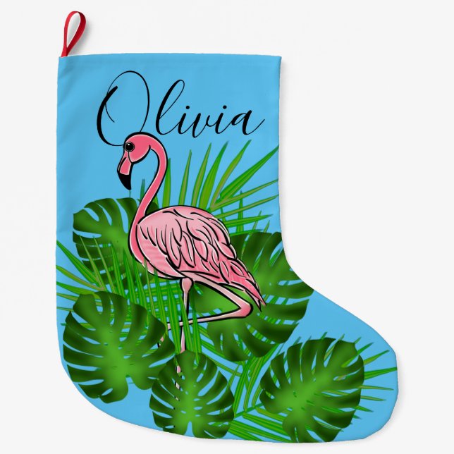 Meia De Natal Grande Flamingo rosa, Folhas tropicais (Frente)