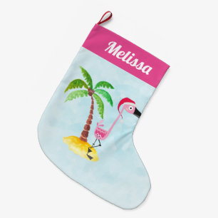 Meia De Natal Grande Flamingo Rosa no Natal Vermelho