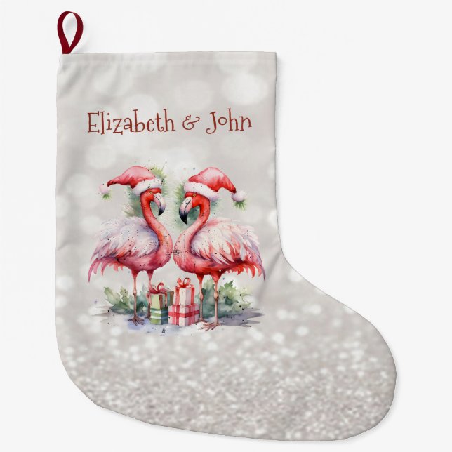 Meia De Natal Grande Flamingos Santa Hat, Rosa, Apresenta Glittery Boke (Frente)