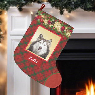 Meia De Natal Grande Fleece Dog Photo Christmas Stocks Xadrez Add Name