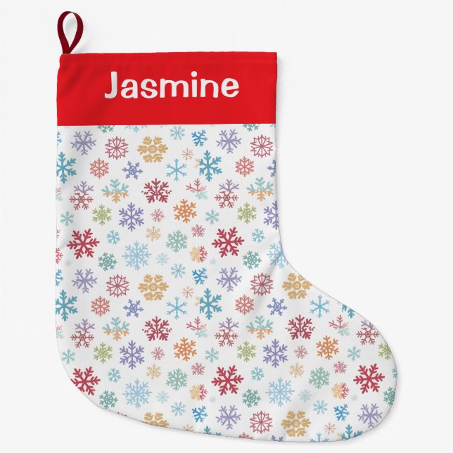 Meia De Natal Grande Floco de Neve de Natal Branco com Texto Personaliz (Frente)