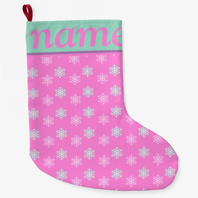 Meia De Natal Grande Floco de neve de Natal rosa (Frente)