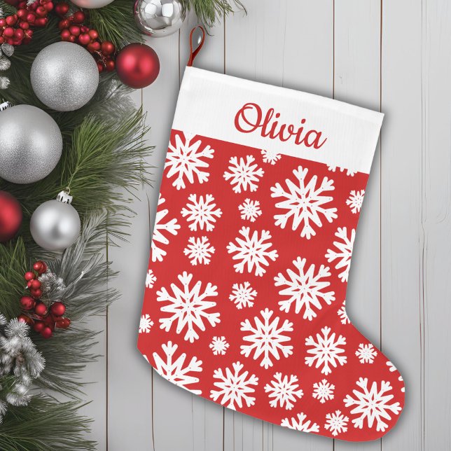 Meia De Natal Grande Floco de Neve Vermelho E Branco Personalizado Clás (Red And White Snowflake Classic Personalized Large Christmas Stocking)