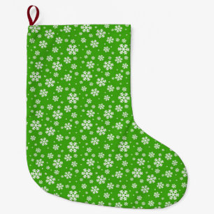 Meia De Natal Grande Flocos Brancos de Neve no Padrão Verde de Inverno
