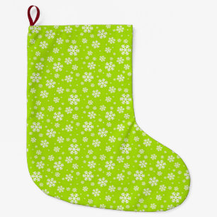 Meia De Natal Grande Flocos Brancos de Neve no Padrão Verde de Inverno