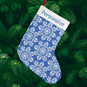Meia De Natal Grande Flocos de Neve Azuis e Brancos Personalizados Vint
