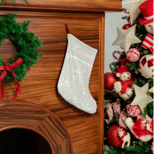 Meia De Natal Grande Flocos de neve brancos e prateados