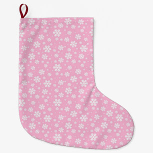 Meia De Natal Grande Flocos de Neve Brancos em Padrão de Inverno Rosa C