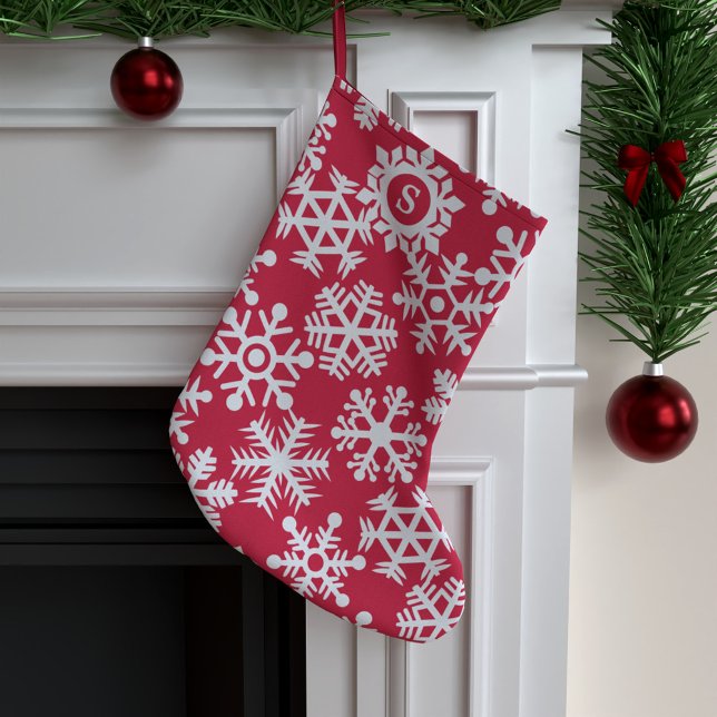 Meia De Natal Grande Flocos de neve brancos vermelhos Monograma de nata (A festive red and white snowflake pattern stocking with space for your initial)