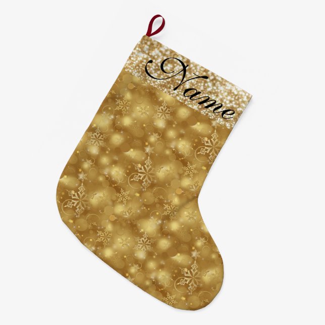 Meia De Natal Grande Flocos de neve cintilantes, Dourado e Dourado - (Frente (Pendurada))