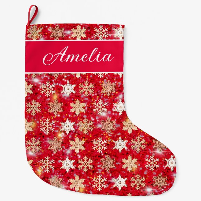 Meia De Natal Grande Flocos de neve com brilho Dourado (Frente)