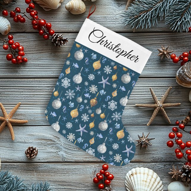 Meia De Natal Grande Flocos de neve costeiros e elementos náuticos (Coastal Snowflakes & Nautical Elements Large Christmas Stocking)