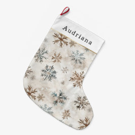 Meia De Natal Grande Flocos de Neve Creme Azul Marrom