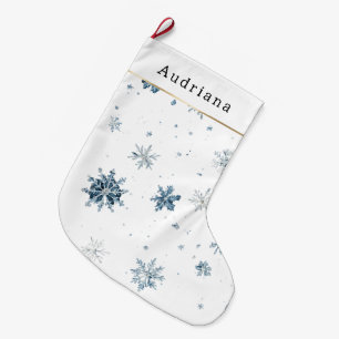 Meia De Natal Grande Flocos de Neve de Inverno Azuis Brancos