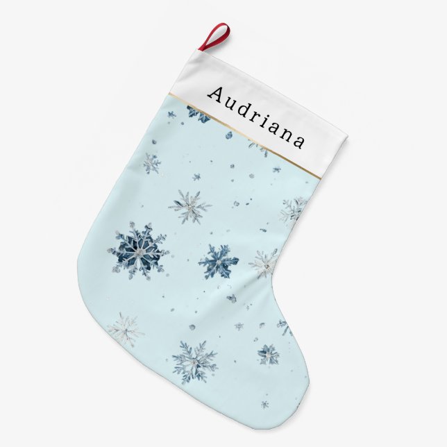 Meia De Natal Grande Flocos de Neve de Inverno Azul   (Frente (Pendurada))