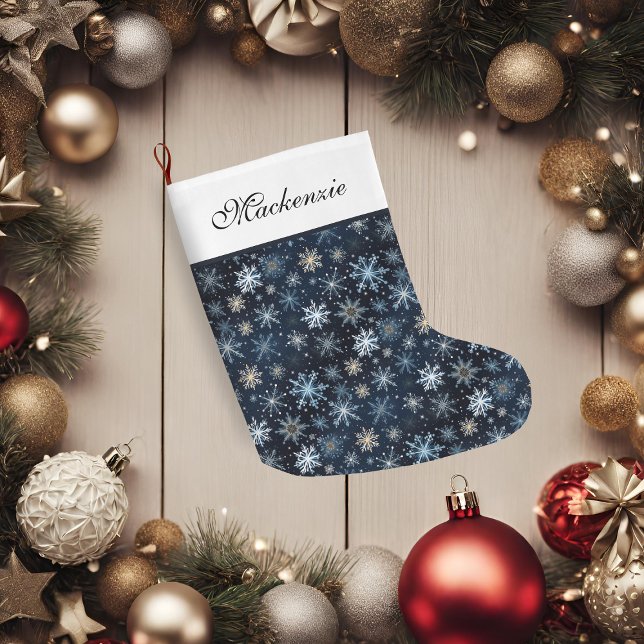 Meia De Natal Grande Flocos de neve de safra azul Elegante (Elegant Blue Vintage Snowflakes Large Christmas Stocking)