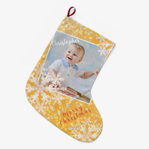 Meia De Natal Grande Flocos de neve Dourados