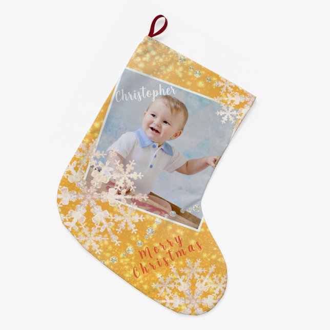 Meia De Natal Grande Flocos de neve Dourados (Frente (Pendurada))