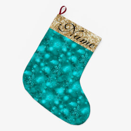 Meia De Natal Grande Flocos de Neve Esparsos, Teal & Dourado -